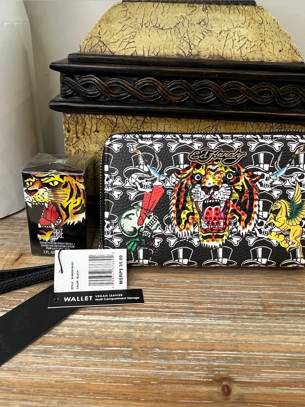 Ed Hardy Double Zip Around Wallet Wristlet Tiger Skull Tattoo Black Bundle NWT